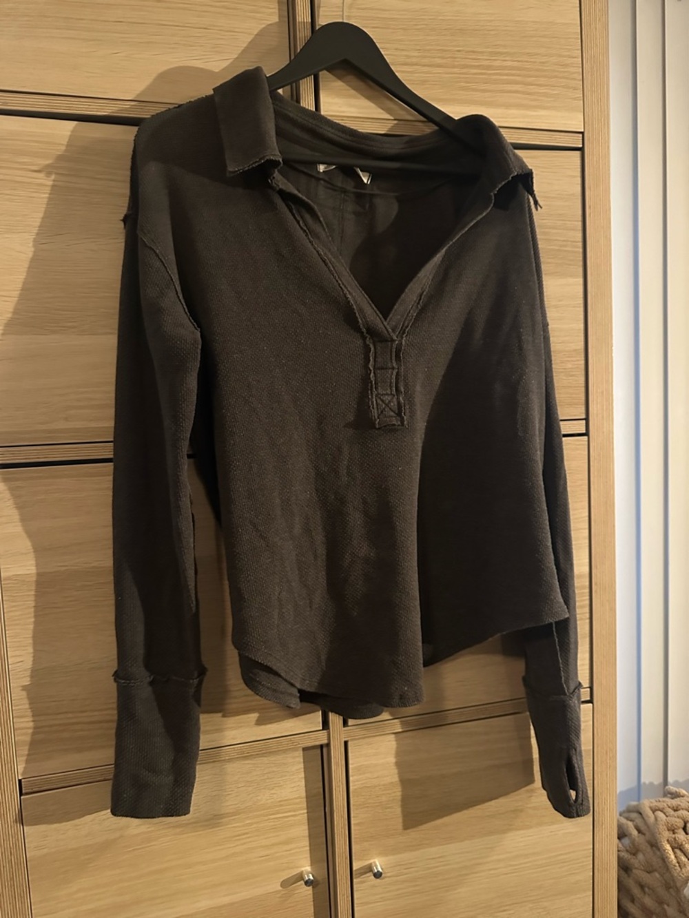 Long-Sleeve Black Henley Polo Top free people